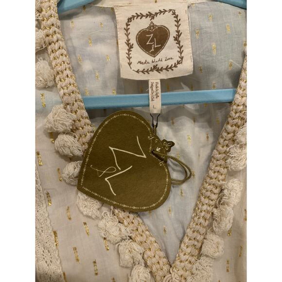 Z&L Cream Boho Lace Tassel Metallic Mini Dress 100% Cotton Size Large NWT - Picture 2 of 4